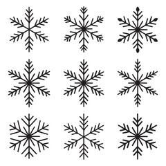 Collection of Stylized Snowflake Icons - Black Silhouettes on White Background