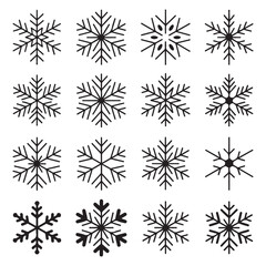 Collection of Stylized Snowflake Icons - Black Silhouettes on White Background