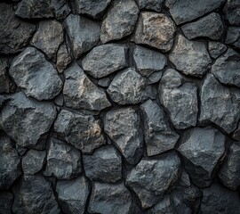 Fototapeta premium Dark, irregularly-shaped stones form a rough, textured wall; varying shades of grey and black create depth