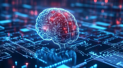 Fototapeta premium Stylized digital brain with red hotspots on a blue circuit board background with reflections