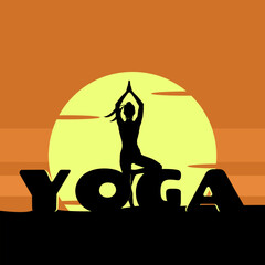 International Yoga Day to celebrate on June 21st. Illustration of a woman's silhouette doing yoga and bold text with a sunset background.