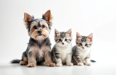 Obraz premium Adorable illustration features Yorkshire Terrier dog, two cute kittens on white background. Ideal for pet shop banner. Perfect image for veterinary clinic, pet food ads. Smiling animals friends look
