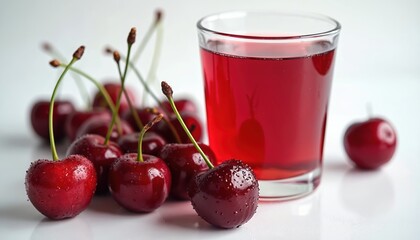 Fresh cherries, glass of cherry juice, isolated on white. Red berries, juice. Healthy dessert, refreshing drink, juicy sweetness. Summer harvest. Concept of healthy eating, lifestyle. Tasty ripe