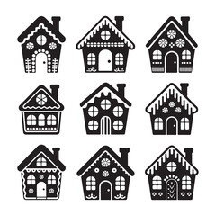 Black and White Illustrations of Different Christmas Gingerbread Houses for Holiday Decoration
