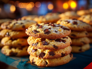 a stack of cookies with chocolate chips on a red surface. The cookies have a golden-brown color with visible chocolate chips on their surface.