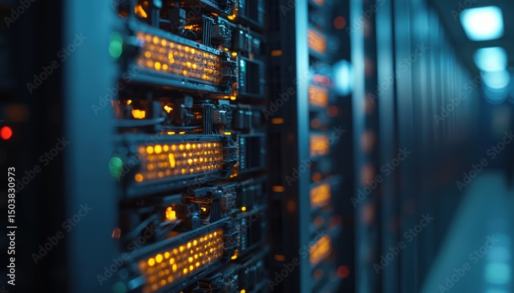 Poster data center data storage servers, featuring solid-state drives, efficient cooling systems. optimal p