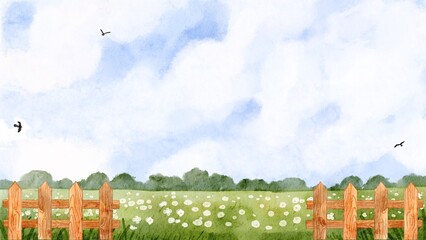 Obraz premium Sunny day watercolor landscape background with green field and wooden fence. Nature scenery illustration suited for invitation card, and presentation design.
