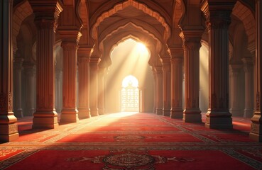 Sunlight streams through oriental mosque arches. Interior with columns, ornate carpet, creates peaceful mystical atmosphere. Light rays illuminate hall, ideal background for spiritual religious