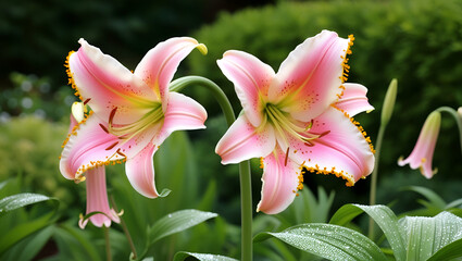 Fototapeta premium Two vibrant pink Lilium oriental Joop lilies in full bloom, with yellow pollen on petals, blooming beautifully in a summer garden