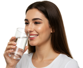 A Smiling Young Woman Enjoys a Glass of Water, Radiating Freshness and Vitality in a Minimalist Setting with Black Background