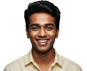A Joyful Young Man Smiling Brightly Against a Dark Background, Portraying Happiness and Confidence in a Studio Portrait