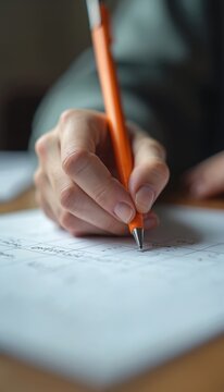 Hand writes on paper in exam hall room. Student takes school exam. Person holding pen writing test or exam. Handwriting test in education. Homework or assignment.