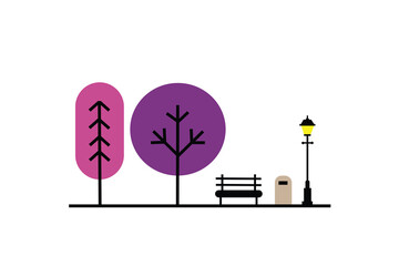 Flat design city park illustration. Minimalist flat design illustration of a city park during daytime, featuring geometric trees, street lamps, and a bench. Bright and clean atmosphere.