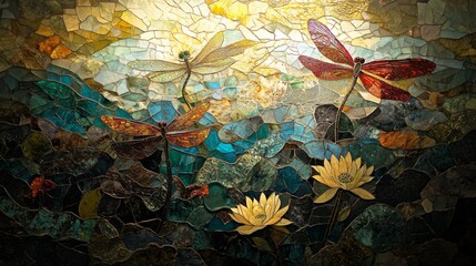 Stunning stained glass artwork depicting dragonflies and water lilies in vibrant colors during daylight