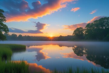 Fototapeta premium Serene Lake Landscape During Sunset