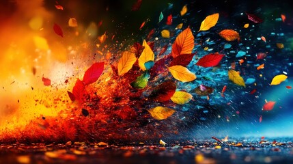 Dynamic Abstract Autumn Background with Motion Blur and Vibrant Red, Orange and Blue Leaves