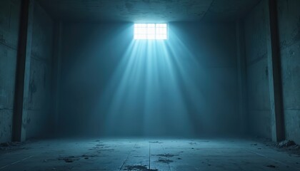 Empty concrete room illuminated by blue light. Bright beams descend from window creating moody, mysterious atmosphere. Concept of hope, prison, escape, freedom. Dark, dramatic, haunted place.