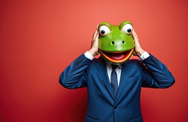 Businessman wearing googly-eyed frog mask with hands on head. Person in blue suit on red background, surprised expression. Funny comic concept. Creative office, business, finance, marketing, humor.