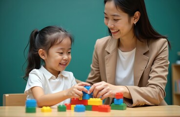 Young Asian teacher helps down syndrome girl play colorful blocks in classroom. Child with disability enjoys lesson at school with therapist. Woman supports, teaches kid with special needs.
