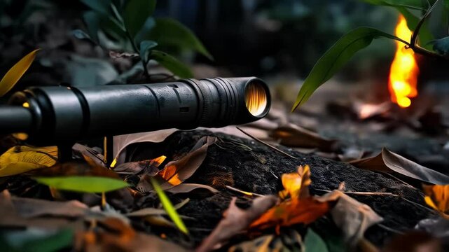 Black monocular lying near burning leaves and brush on rough ground, low angle perspective captures a scene in dim light with autumn colors.