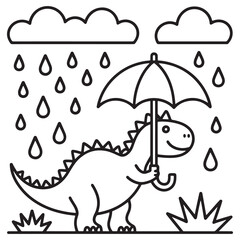 Dinosaur Walking with Umbrella in the Rain – Cute Weather-Themed Line Art Coloring Page for Children
