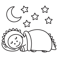 Sleeping Baby Dinosaur Under Moon and Stars – Peaceful Nighttime Line Art Coloring Page for Kids