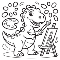 Painter Dinosaur with Palette and Easel – Artistic Cartoon Line Art for Creative Kids Coloring
