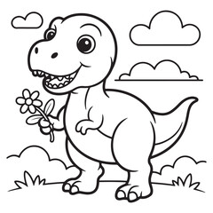 Dinosaur Holding a Flower in a Field – Cute Nature Scene Line Art for Kids Coloring Book
