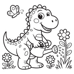 Baby Dinosaur with Flowers and Hearts – Adorable Spring Cartoon Line Art for Coloring Page
