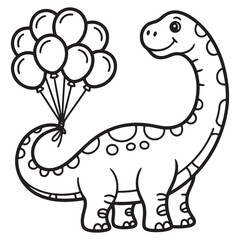Long-Neck Dinosaur Holding Balloons – Whimsical Cartoon Line Art for Kids Coloring Fun
