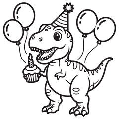 Party Dinosaur Holding Balloons – Birthday Celebration Line Art for Kids Coloring Fun