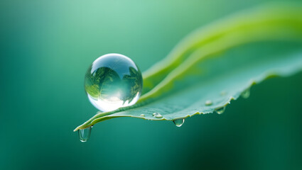 Morning dew drops on green leaves