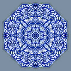 Vector abstract circular mandala design decorative element ethnic style. Blue line and white area for coloring. Shadow around of mandala. Arab, Islam, Indian, Chinese. Yoga illustration.