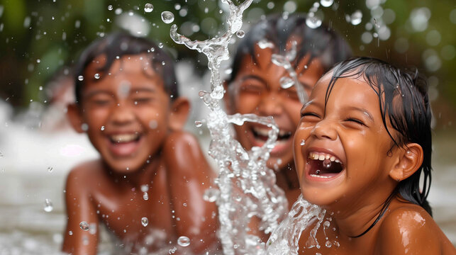 Indigenous children laughing and splashing in shallow river water.