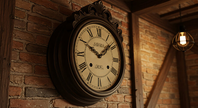 Ornate Antique Wall Clock Displaying Roman Numerals on Brick Wall