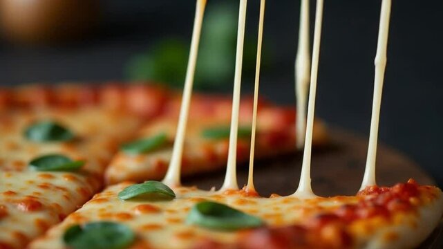 Gooey Cheese Pizza Slice Being Pulled in Cozy Italian Restaurant