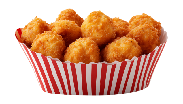 Fried Crispy Chicken Nuggets in Striped Takeout Box  Isolated PNG Cutout, isolated on transparent background