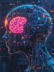 Cyberpunk AI head, glowing brain, digital art.