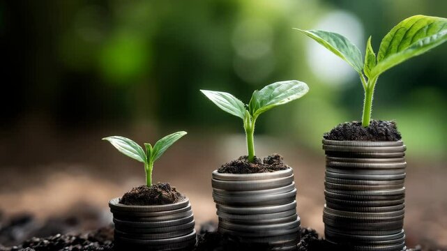 Money growth concept, sprouts growing on piles of coins in soil show financial progress and investment returns, blurred foliage background.