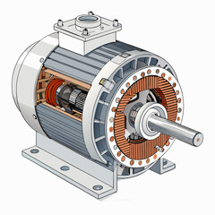 Create a bold, vector illustration of an electric motor, showcasing its internal stator and rotor components with thick, defined strokes.  Highlight key mechanical features.