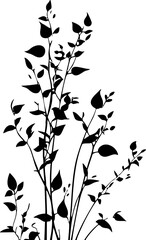 Small leaf plant silhouette pattern wallpaper. Black and white. minimal artwork. simple template. tattoo design. card and package. PNG tranparent.