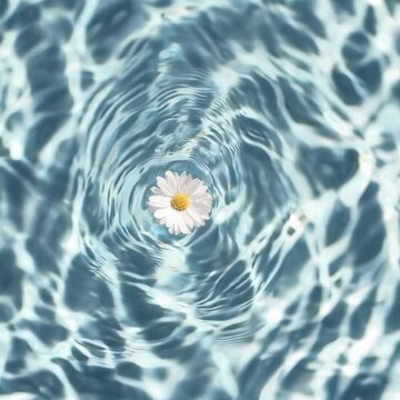 Aerial view of a daisy floating on rippling water, creating a serene and calming effect, reminiscent of a tranquil video scene.