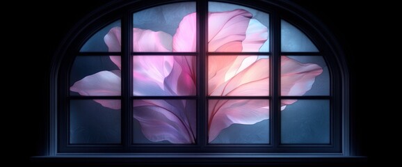 Pink and Purple Flower in Arched Window at Night