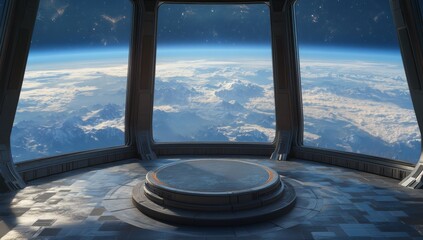 Fototapeta premium Futuristic room with large windows overlooking Earth from space 