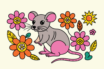 Adorable cartoon rat amidst bright and colorful flowers a delightful illustration perfect for childrens designs and springtime themes