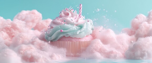 Pink and Teal Cupcake in Cotton Candy Cloud