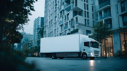 a large white delivery truck parked near a city street at night