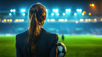 Woman in suit watches soccer game at night
