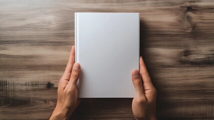 Top view of man hands holding blank book on white wooden background.