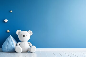 a blue wall with toys and a white ball